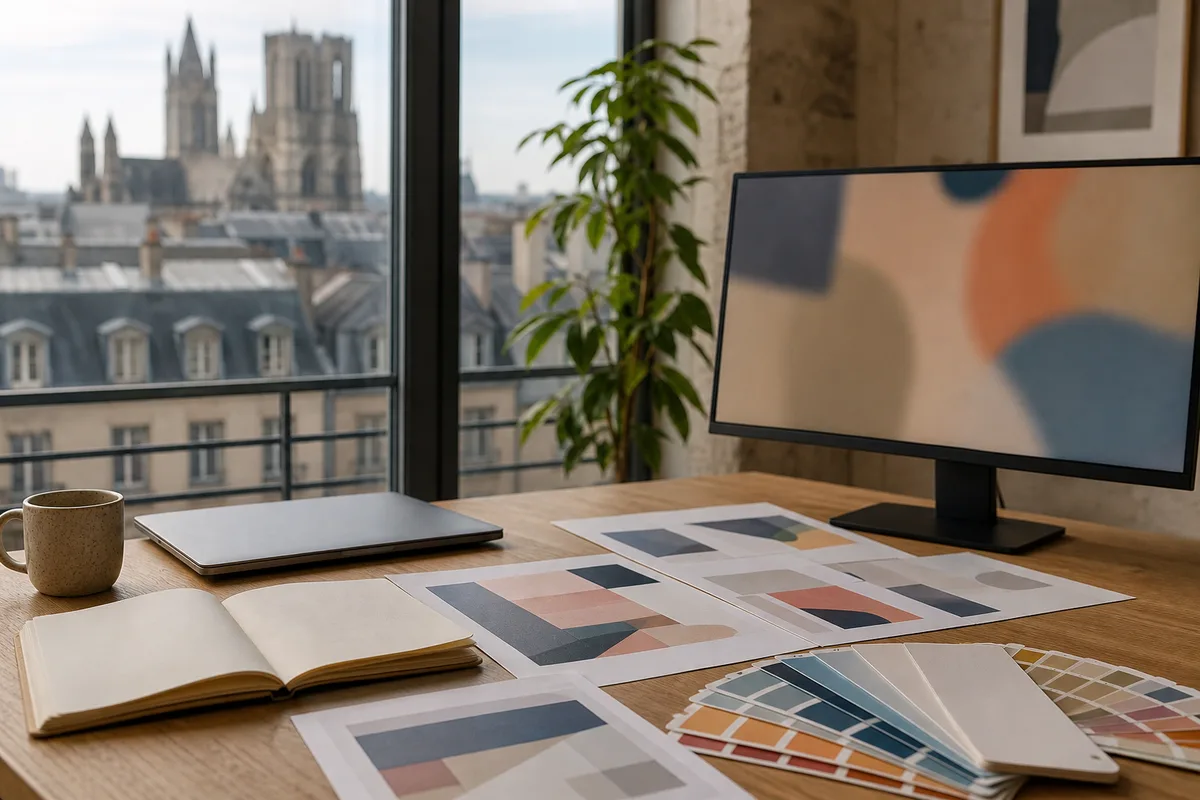 Table de travail avec maquettes imprimées, carnet de notes et échantillons de couleurs