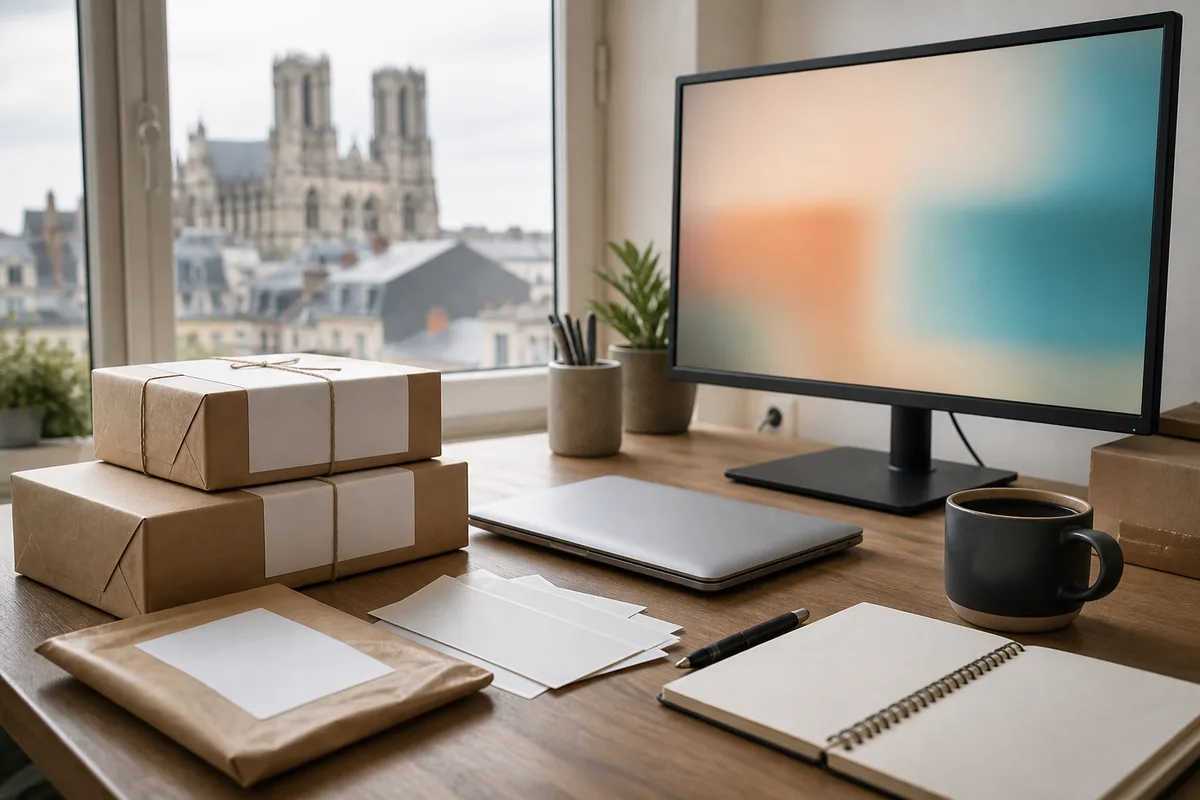 Poste de travail d’un commerçant avec ordinateur portable, colis prêts à expédier et étiquettes d’envoi