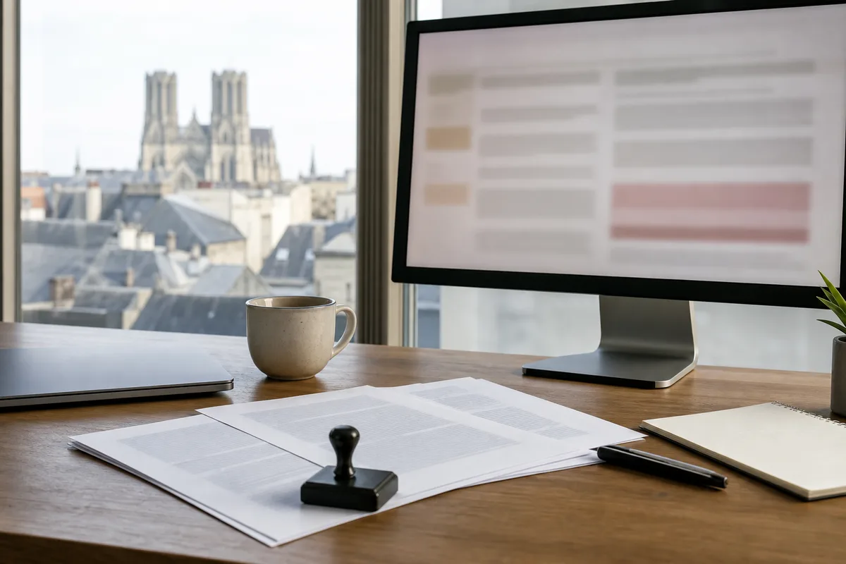 Bureau avec documents contractuels, tampon et écran affichant des conditions générales de vente