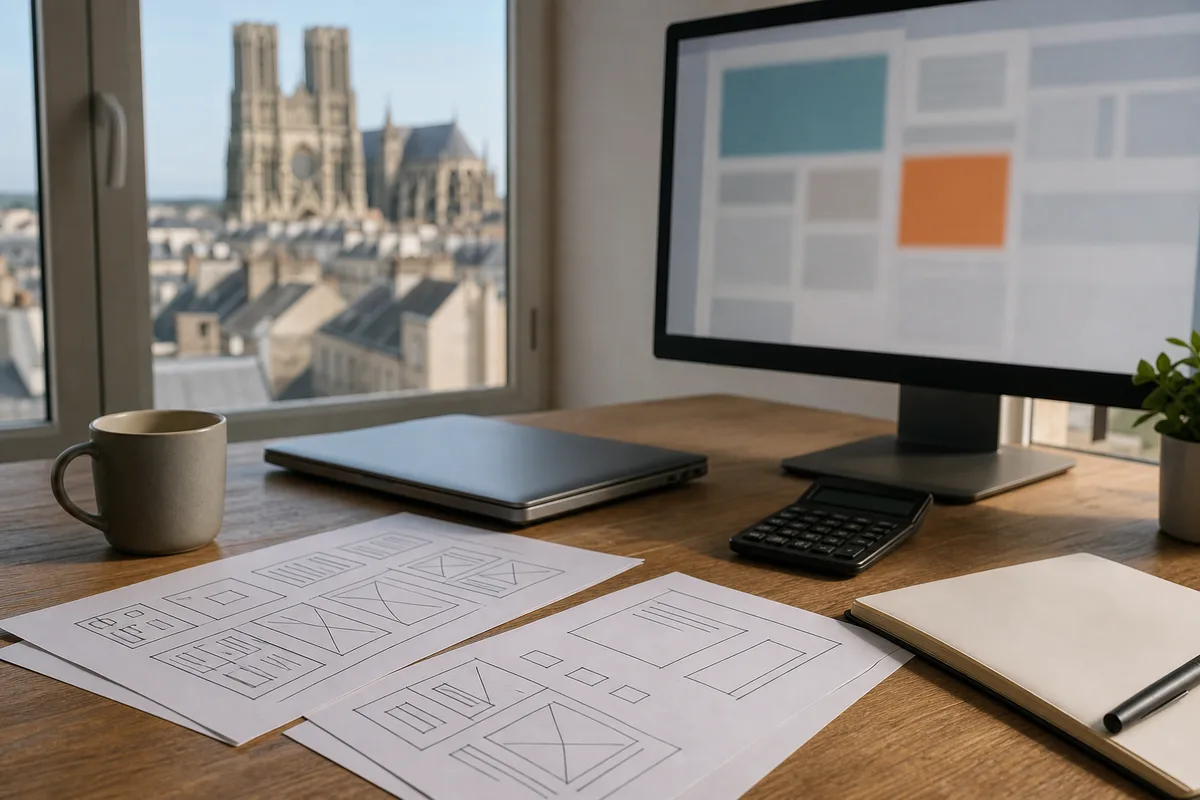 Plan de travail avec croquis d’interface, calculatrice et tasse de café