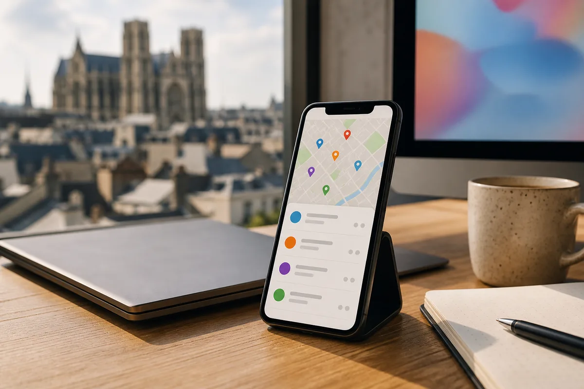 Écran de téléphone affichant une carte et les résultats de proximité d’un commerce