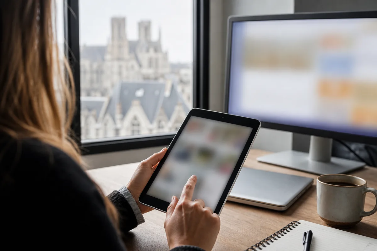 Commerçante consultant les avis clients de son établissement sur une tablette