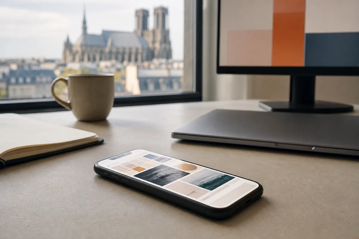 Téléphone posé sur un comptoir affichant un fil de publications d&rsquo;entreprise