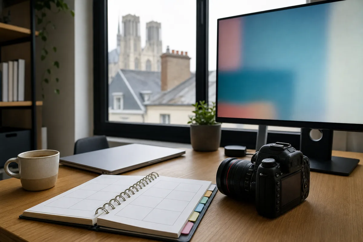 Bureau avec un plan de publication hebdomadaire et un appareil photo