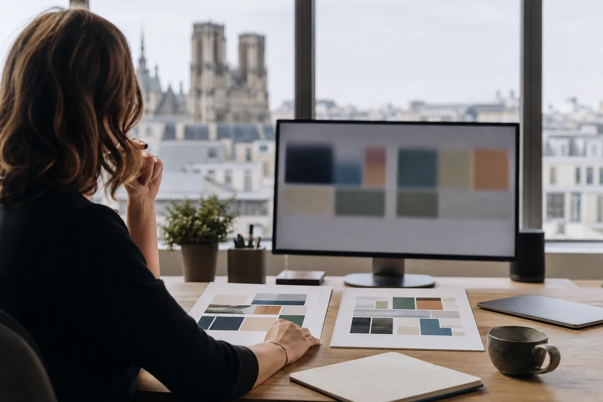 Dirigeante de PME arbitrant entre deux plans d&rsquo;action affichés côte à côte