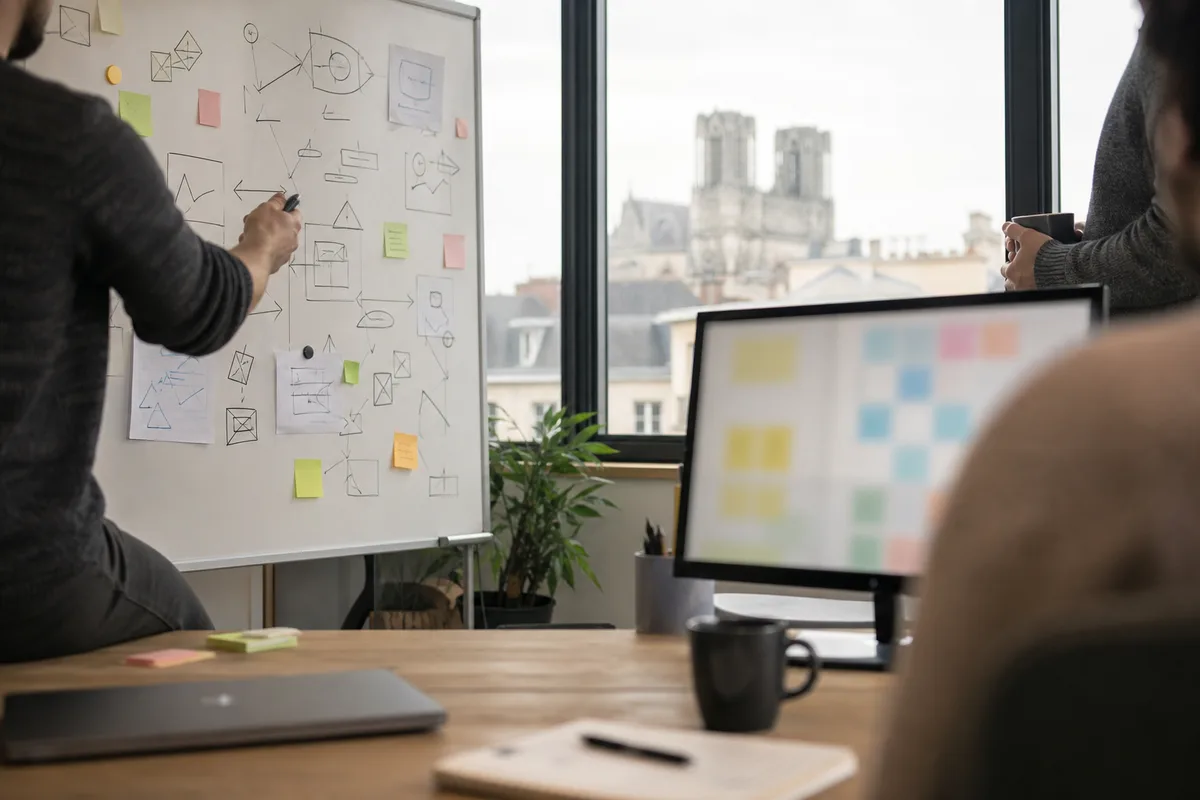 Réunion de travail autour d’un tableau blanc couvert de notes et de flèches
