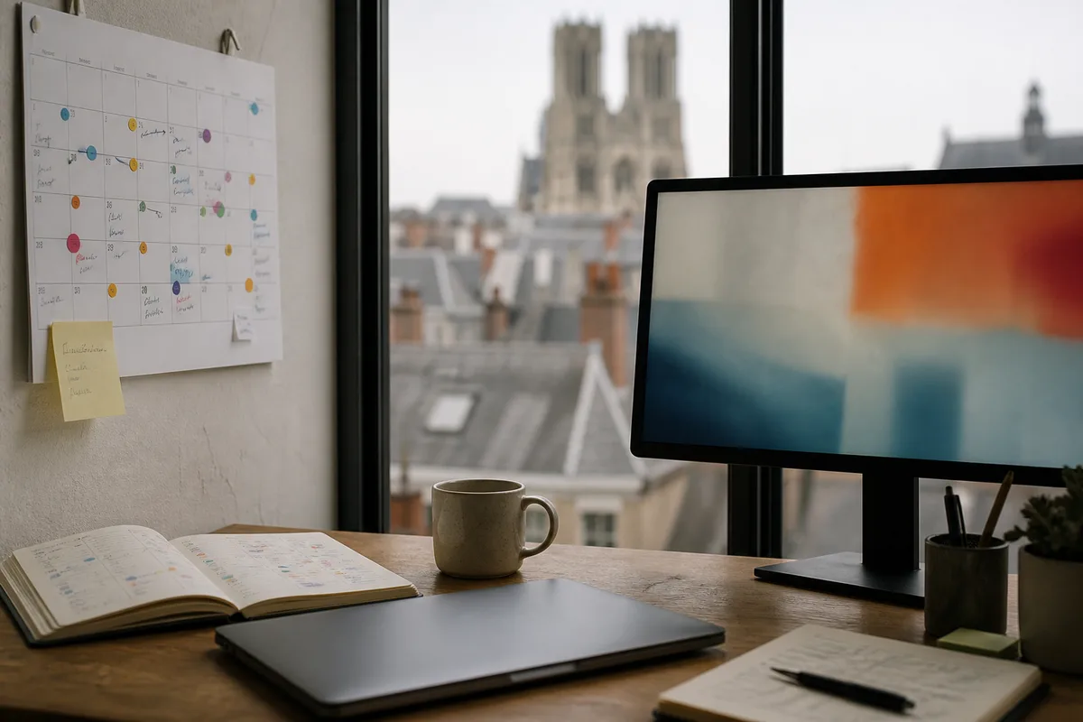Calendrier mural annoté avec des pastilles de couleur et un carnet ouvert